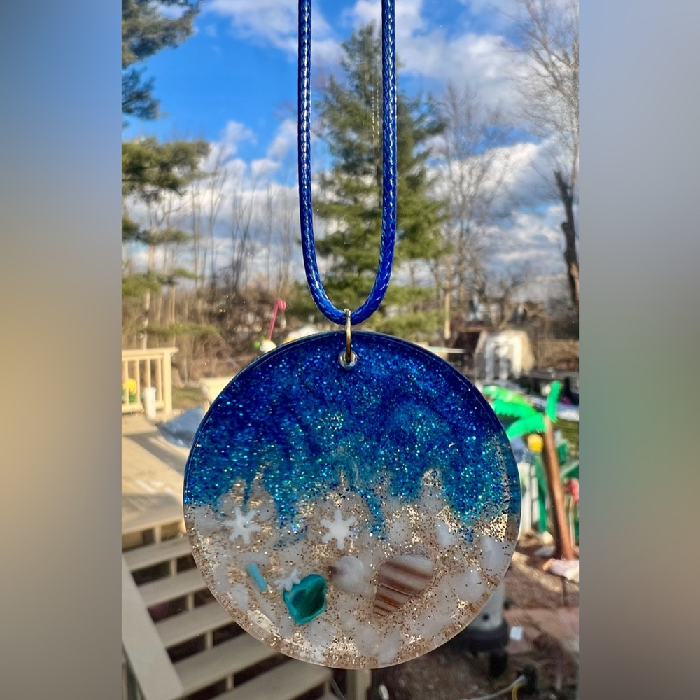 Handmade Blue Ocean Resin Pendant with Shells